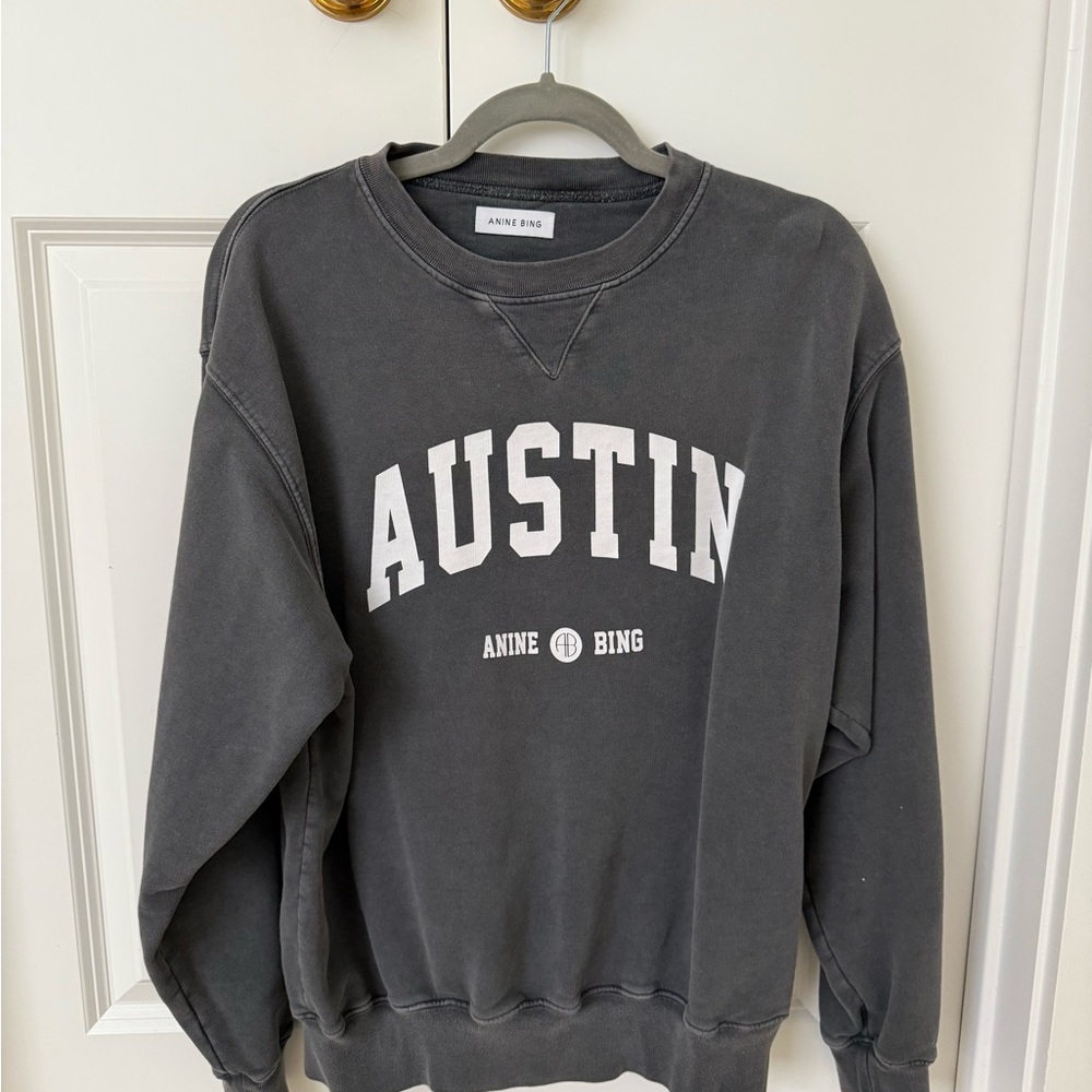 Anine Bing Austin Graphic Crewneck Sweatshirt in Charcoal with White Logo